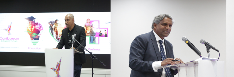 On the left, Garvin Medera, CEO, Caribbean Airlines gives remarks during the launch of the airline’s sustainability programme. On the right, Dr. Fazal Ali, former Chairman of the Teaching Service Commission of Trinidad and Tobago was the keynote speaker.